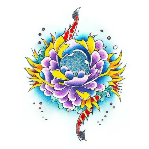New-school tattoo of a vibrant Dahila flower surrounded by traditional Japanese waves and koi fish tattoo design idea