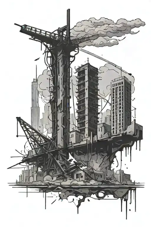 half destroyed city skyline being bombed, with a hangman's gallows in the foreground tattoo design idea