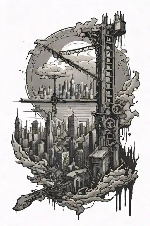 half destroyed city skyline being bombed with a hangman's gallows in the foreground tattoo design idea
