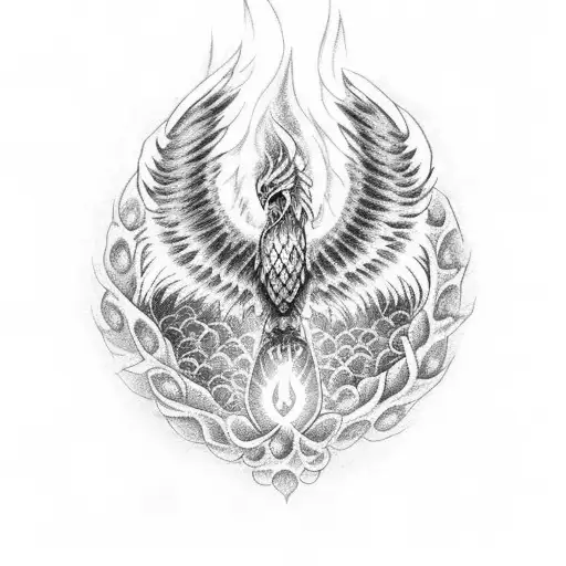 Create a dotwork phoenix rising from the flames, with an ankh cross as its talons tattoo design idea