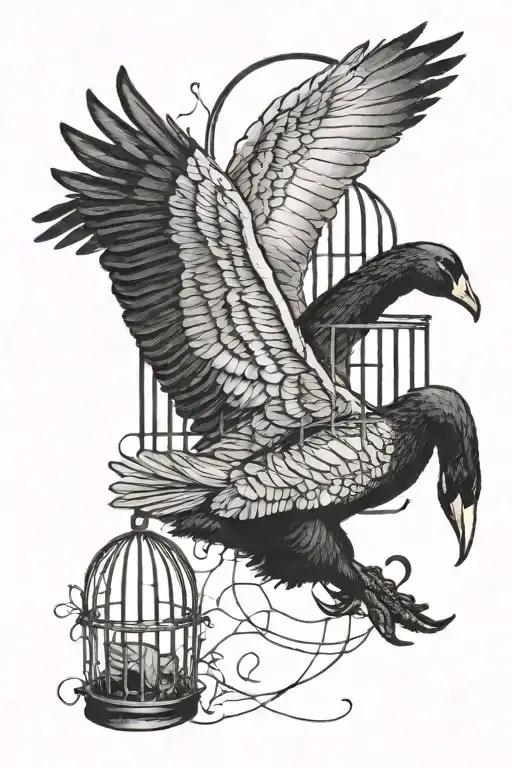 Black swan flying with cage tattoo tattoo design idea