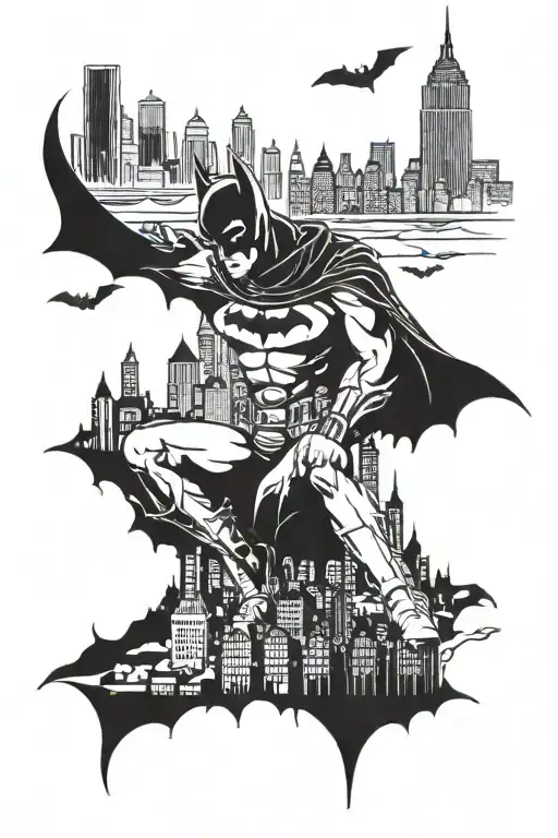 Batman Catwoman Gotham City skyline tattoo design idea