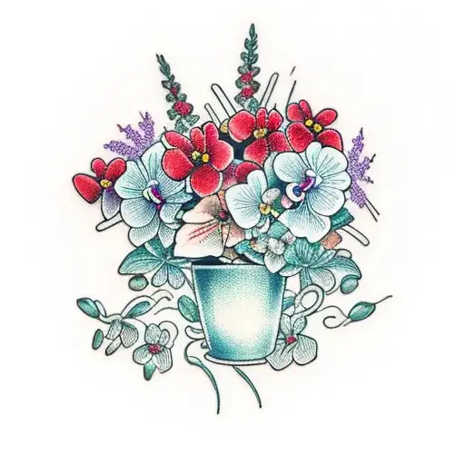 handpicked bouquet of orchids and red geraniums tied with string tattoo design idea