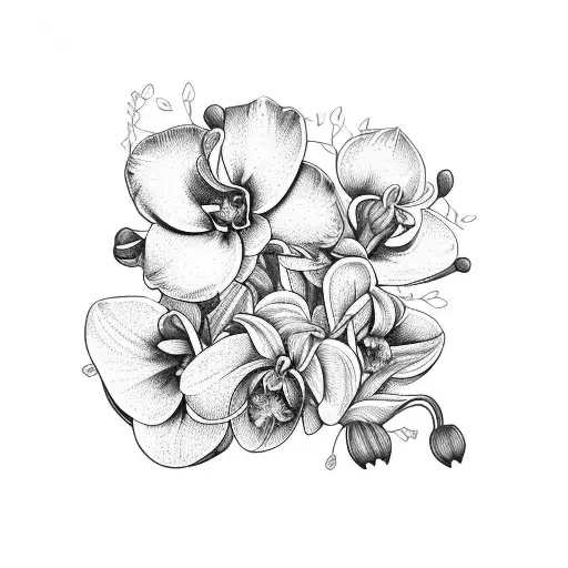 handpicked bouquet of orchids and red geraniums tied with string tattoo design idea