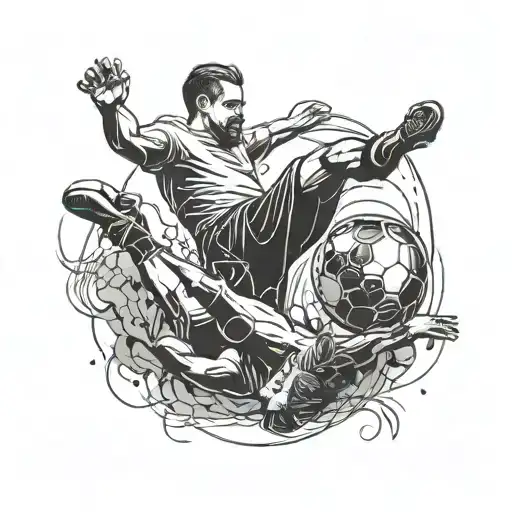 A football player kicking a ball with a massage therapist's hands massaging the player's legs tattoo design idea