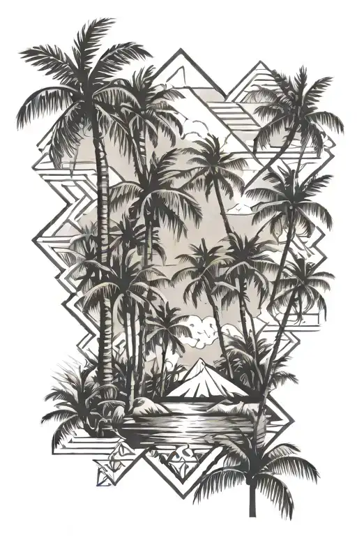 Paradise beach scene with palm trees tattoo design idea