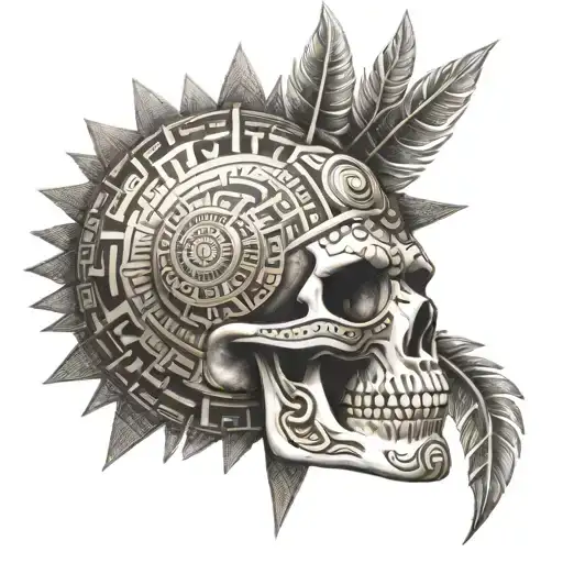 aztect skull with aztect sun above it with aztec patterns  tattoo design idea