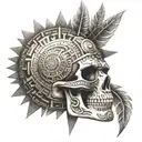 aztect skull with aztect sun above it with aztec patterns  tattoo design idea