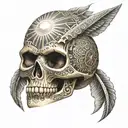 aztect skull with aztect sun above it with aztec patterns  tattoo design idea