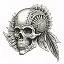 aztect skull with aztect sun above it with aztec patterns  tattoo design idea