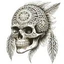aztect skull with aztect sun above it with aztec patterns  tattoo design idea