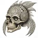 aztect skull with aztect sun above it with aztec patterns  tattoo design idea
