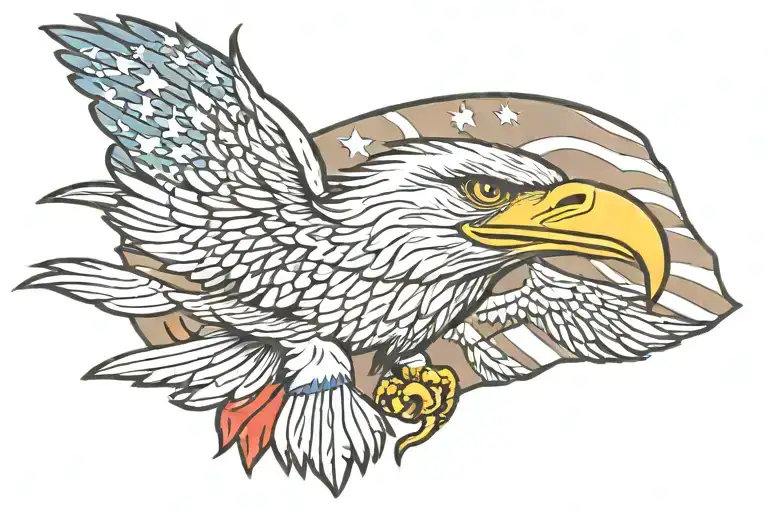 eagle with fish in talons with american flag in background  tattoo design idea