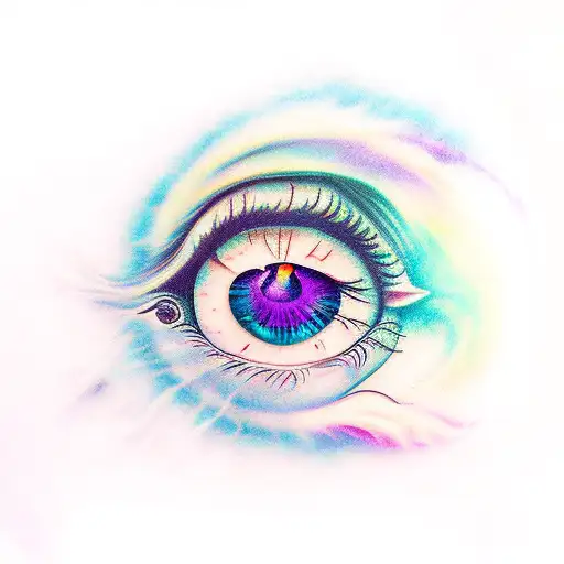 a crying purple eye mixed with red behind a rising cloud tattoo design idea