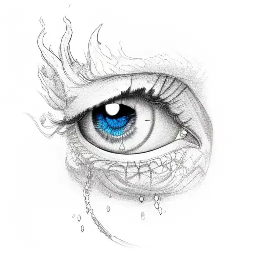 a crying purple eye mixed with red behind a rising cloud tattoo design idea