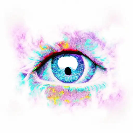 a crying purple eye mixed with red behind a rising cloud tattoo design idea