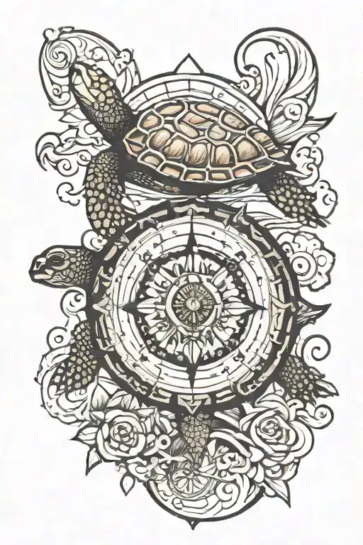 compass surfing turtle swimming gracefully tattoo design idea