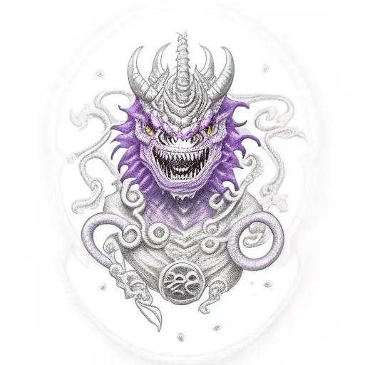 a purple dragonborn warrior, a beholder and a red tiefling woman with a rose tattoo design idea