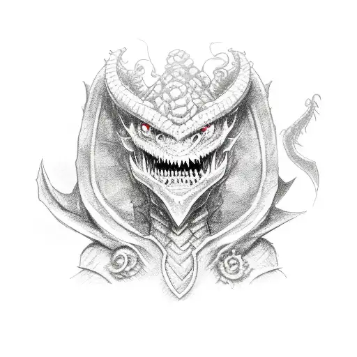 a purple dragonborn warrior, a beholder and a red tiefling woman with a rose tattoo design idea