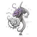 a purple dragonborn warrior, a beholder and a red tiefling woman with a rose tattoo design idea