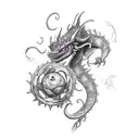 a purple dragonborn warrior, a beholder and a red tiefling woman with a rose tattoo design idea