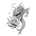 a purple dragonborn warrior, a beholder and a red tiefling woman with a rose tattoo design idea