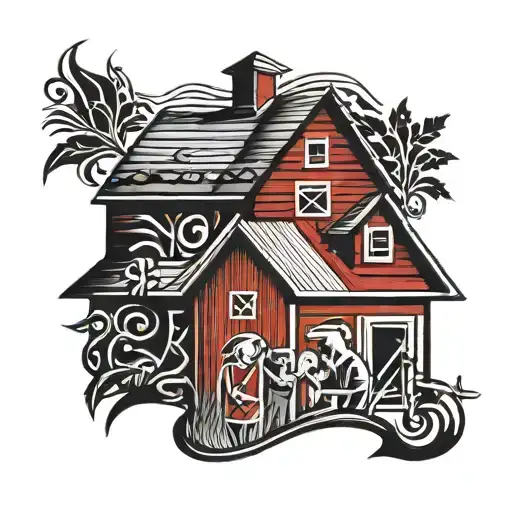 red barn 1 boy 2 girls mom and dad  tattoo design idea