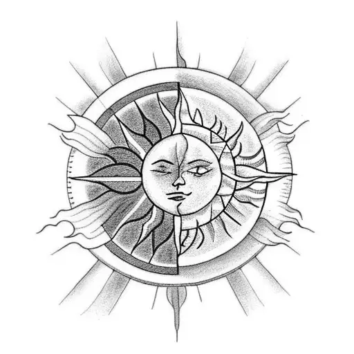 A blackwork tattoo of a sun and moon merging together, inspired by Harry Styles' album cover tattoo design idea