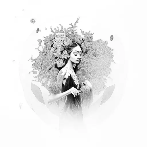 A black-grey portrait of a mystical woman surrounded by floating flowers and cosmic elements tattoo design idea