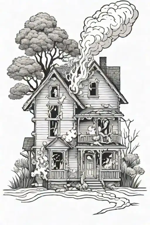 house on fire with smoke rising and a swamp white oak tattoo design idea