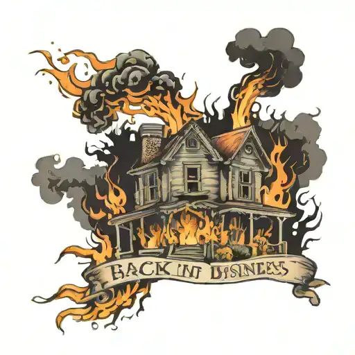 burning house with the words "back in business" in the smoke tattoo design idea