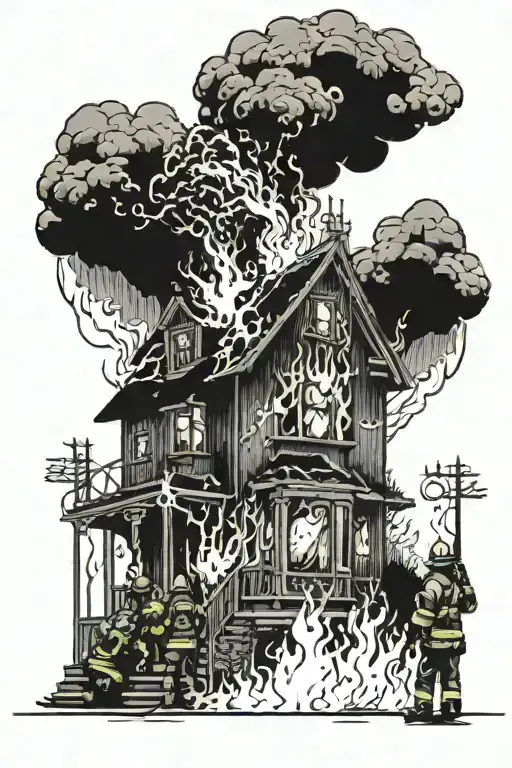 house on fire with firefighters going in tattoo design idea