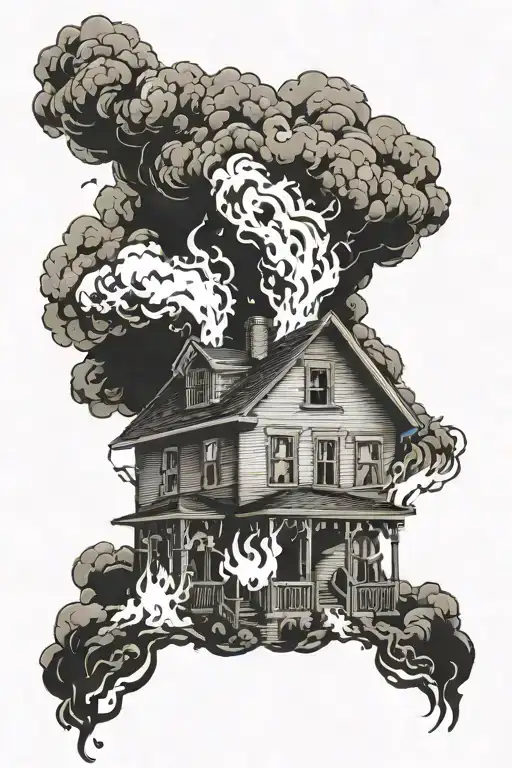 house on fire with smoke rising thay says "back in business" tattoo design idea