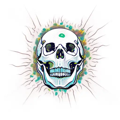 A skull engulfed in flames surrounded by emojis representing different horror movies tattoo design idea