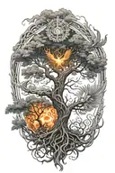 Tree of life, Baldur tattoo in the center, underneath a phoenix rising from the ashes tattoo design idea