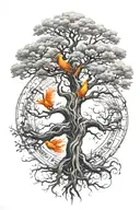 Tree of life, Baldur tattoo in the center, underneath a phoenix rising from the ashes tattoo design idea