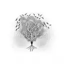 A dotwork tattoo of a flock of birds flying in formation, creating the shape of a tree tattoo design idea