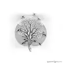 A dotwork tattoo of a flock of birds flying in formation, creating the shape of a tree tattoo design idea