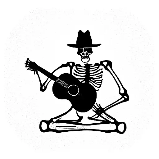 skeleton sitting down playing guitar with sombrero  tattoo design idea