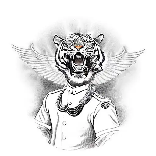 A historical army aviator riding a tiger with wings into battle tattoo design idea