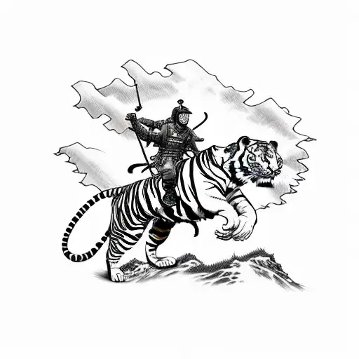 A historical army aviator riding a tiger into battle tattoo design idea