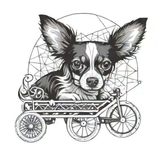 Black and white chihuahua girl with long hair and wheels instead of hind legs tattoo design idea