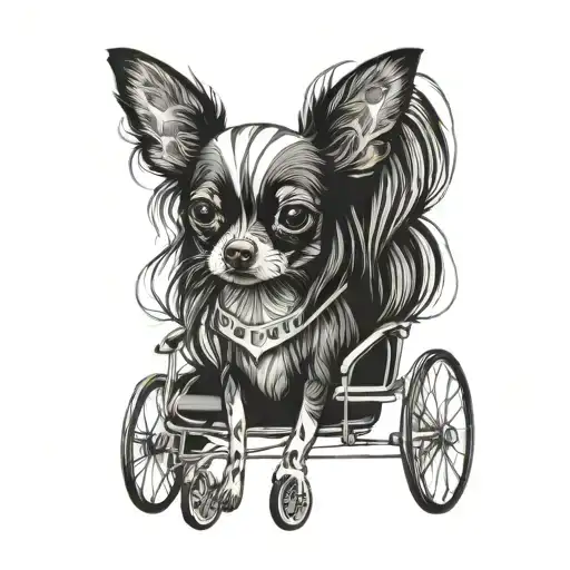 Black and white chihuahua girl with long hair in a wheelchair tattoo design idea