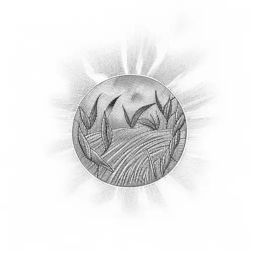 A detailed illustration of a wheat field with a sunset backdrop tattoo design idea