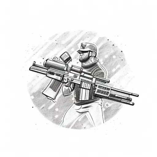 A sketch-style tattoo of a 50 cal gunner in action, with the Dallas Cowboys logo incorporated into the design tattoo design idea