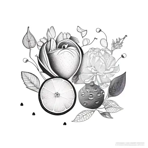 A mesmerizing composition of flowers, leaves, and fruits in a blackwork style tattoo design idea