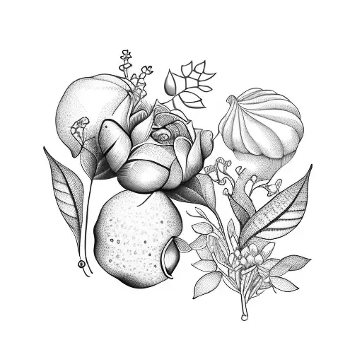 A mesmerizing composition of flowers, leaves, and fruits in a blackwork style tattoo design idea