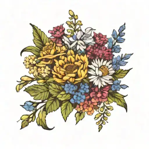 bouquet of crysanthemum, carnation, daisy, larkspur, aster, gladiolus  tattoo design idea