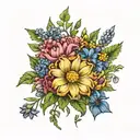 bouquet of crysanthemum, carnation, daisy, larkspur, aster, gladiolus  tattoo design idea