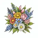 bouquet of crysanthemum, carnation, daisy, larkspur, aster, gladiolus  tattoo design idea